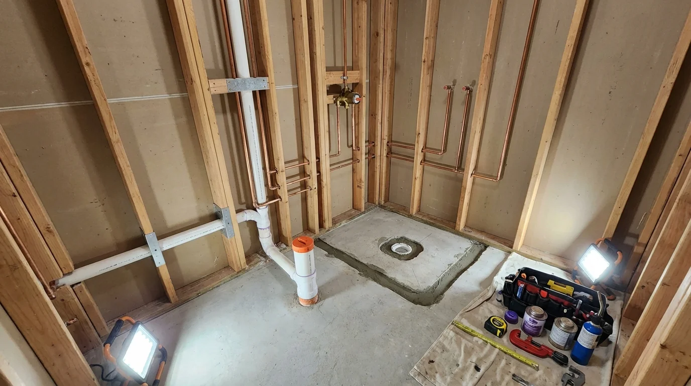 Bathroom rough-in plumbing during remodel by Johns Plumbing LLC in Rahway
