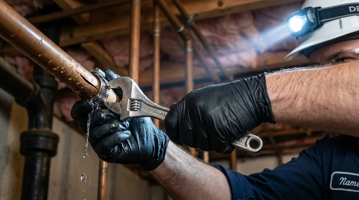 Emergency pipe clamp repair being performed by a Johns Plumbing LLC plumber in Rahway